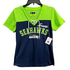 Seattle Seahawks NFL Shirt Womens M Blue Green Lace Up Team Apparel Top Football